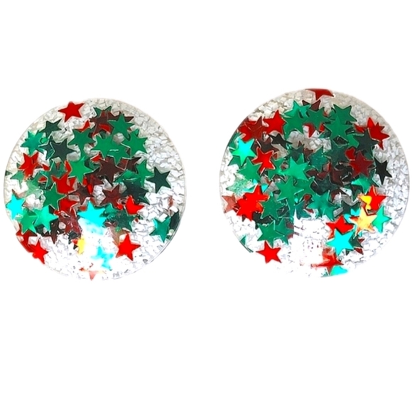 Vintage Jewelry - Vintage Christmas Holiday Red Green Star Bubble Retro Clip-on Earrings